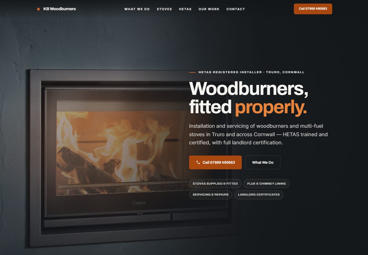 The KB Woodburners website: the headline 'Woodburners, fitted properly' beside a lit stove, with a call button and service tags.