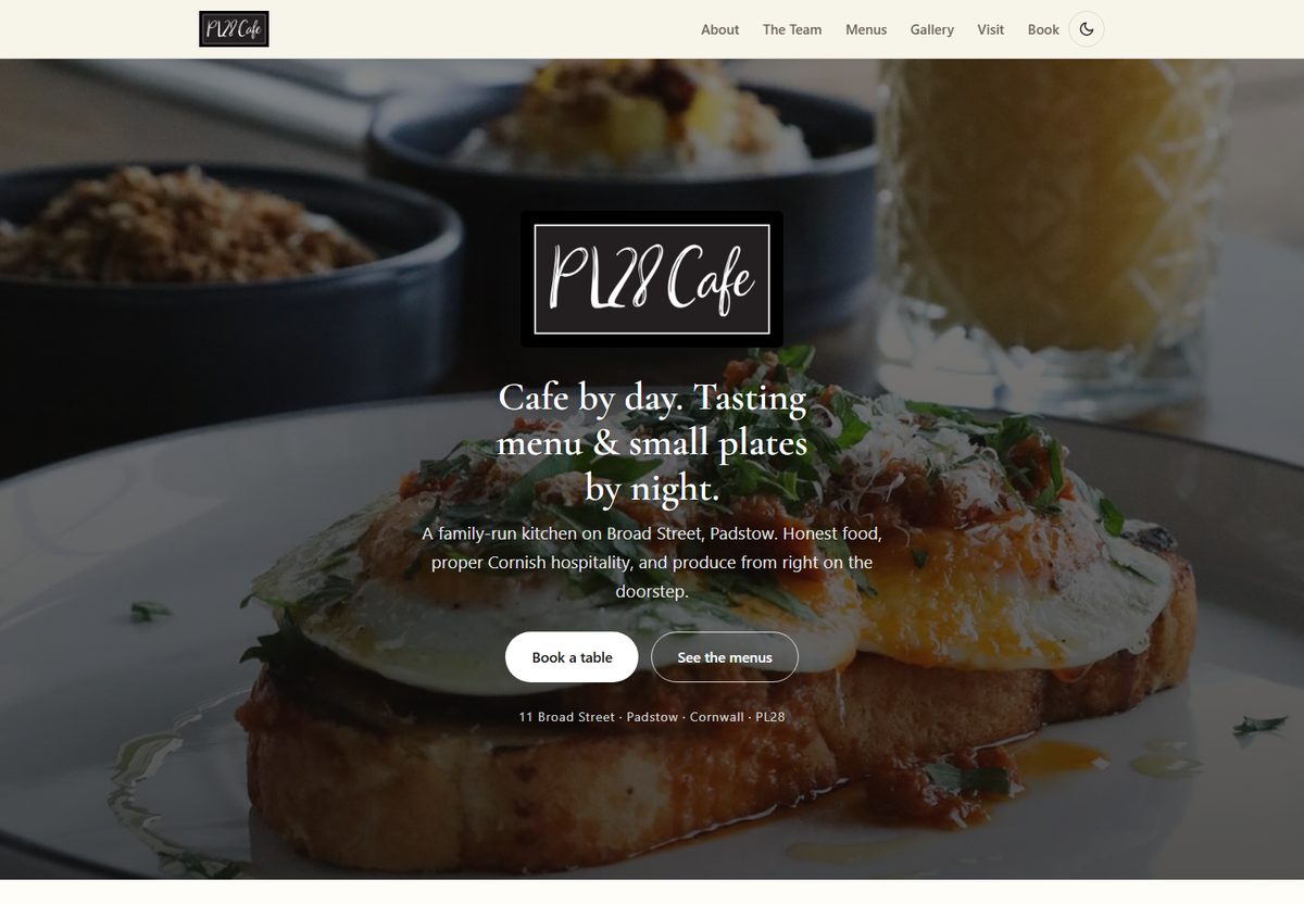 The PL28 Cafe website: the cafe's logo plaque and the line 'Cafe by day. Tasting menu & small plates by night' over a photograph of a plated brunch.
