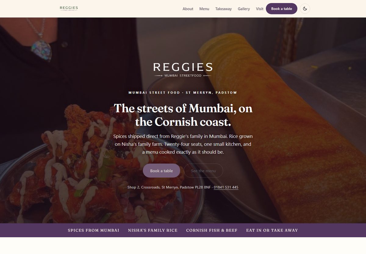 The Reggie's website: the Reggies Mumbai Streetfood wordmark and the headline 'The streets of Mumbai, on the Cornish coast' over a photograph of the food.